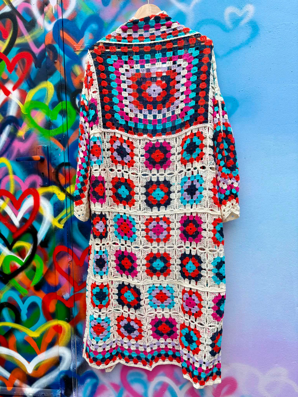 THE 'PATSY' CROCHET SQUARES 70'S STYLE MAXI CARDIGAN IN PRETTY RAINBOW COLOURS