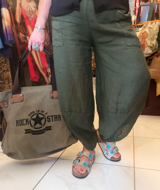THE 'COMMANDO KITCH' SUPER SOFT 100% LINEN ARMY GREEN COCOON PANTS WITH POCKETS