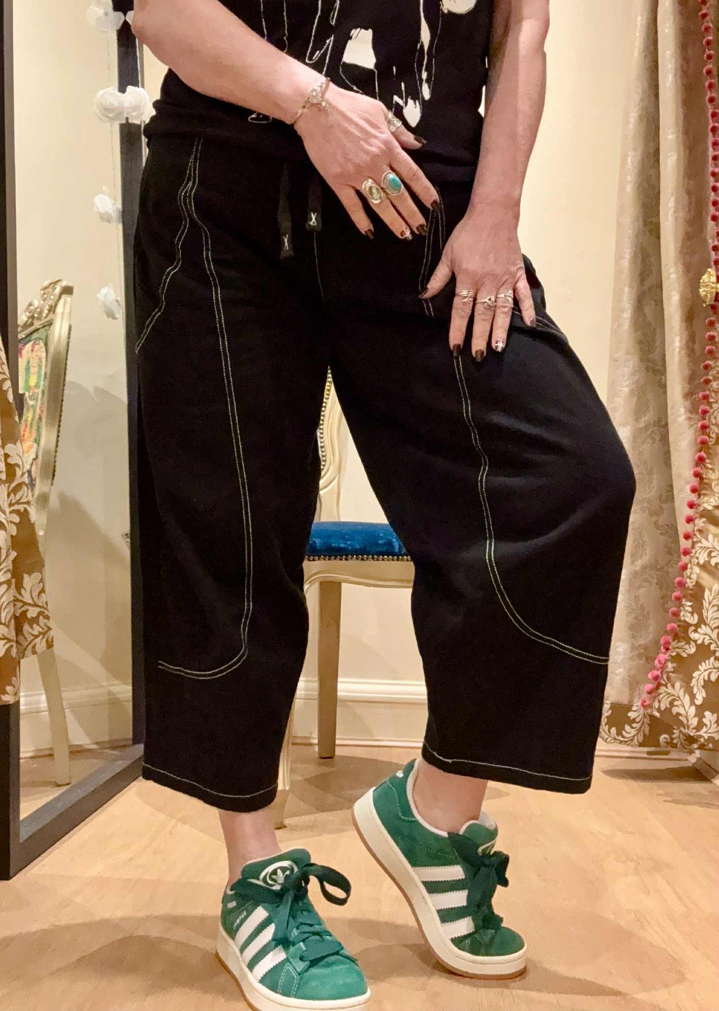 THE 'BRIXTON' SOFT BLACK DENIM STITCH EMBELLISHED POCKET DETAIL COCCON PANTS