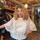 THE 'WOODSTOCK' SNOWY WHITE 70'S STYLE ANGEL SLEEVE EMBROIDERED SHEER SLEEVE TOP