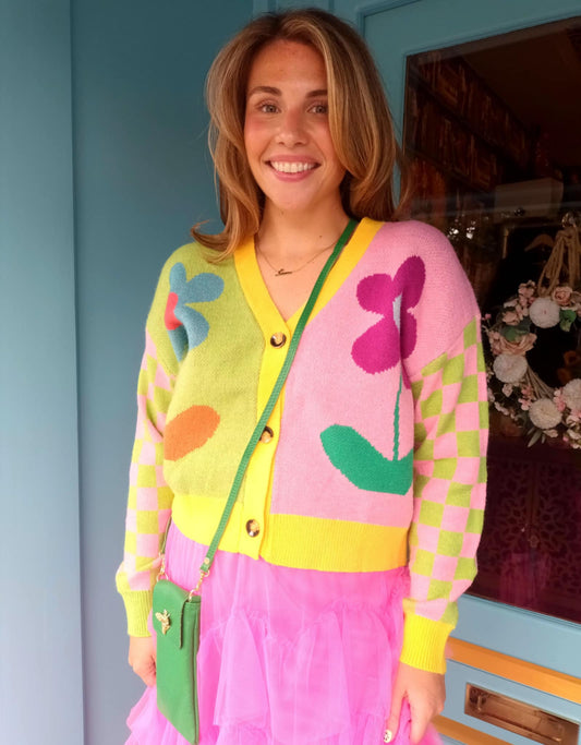 'MERILEE' BRIGHT & BEAUTIFUL RAINBOW COLOURS RETRO DAISY AND CHECK BUTTON FRONT CARDIGAN