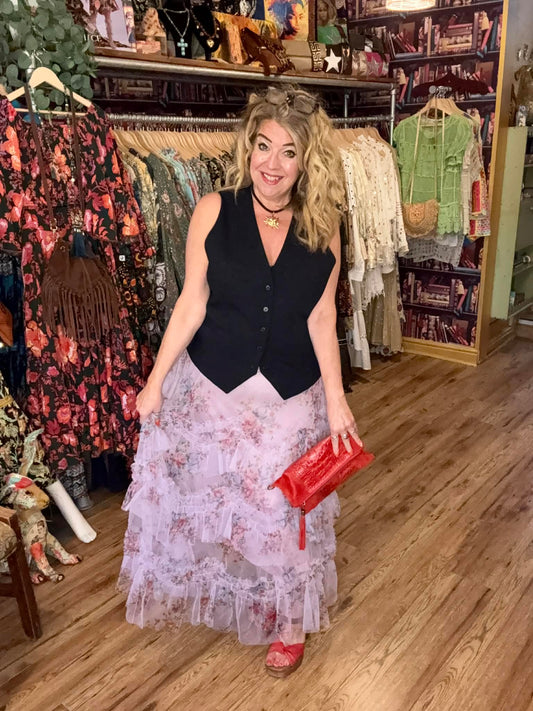 THE 'GYPSY ROSEBUD' STUNNING FLORAL RUFFLE DETAIL FLIPPY TULLE SKIRT IN SUGAR PINK