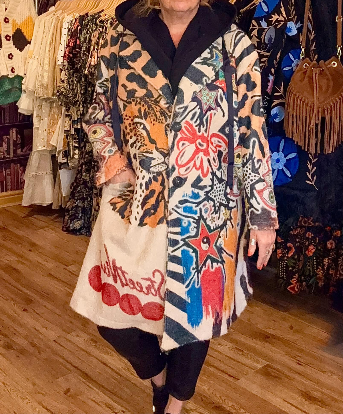 THE 'URBAN JUNGLE' FABULOUS GRAFFITI, TIGER AND MYSTIC PRINT COAT WITH HOODIE STYLE DETAIL
