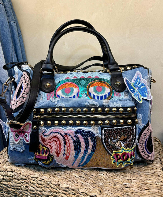 THE 'URBAN MISS' FABULOUS DISTRESSED DENIM LARGE HANDBAG WITH QUIRKY PATCH AND STUDDED DETAIL