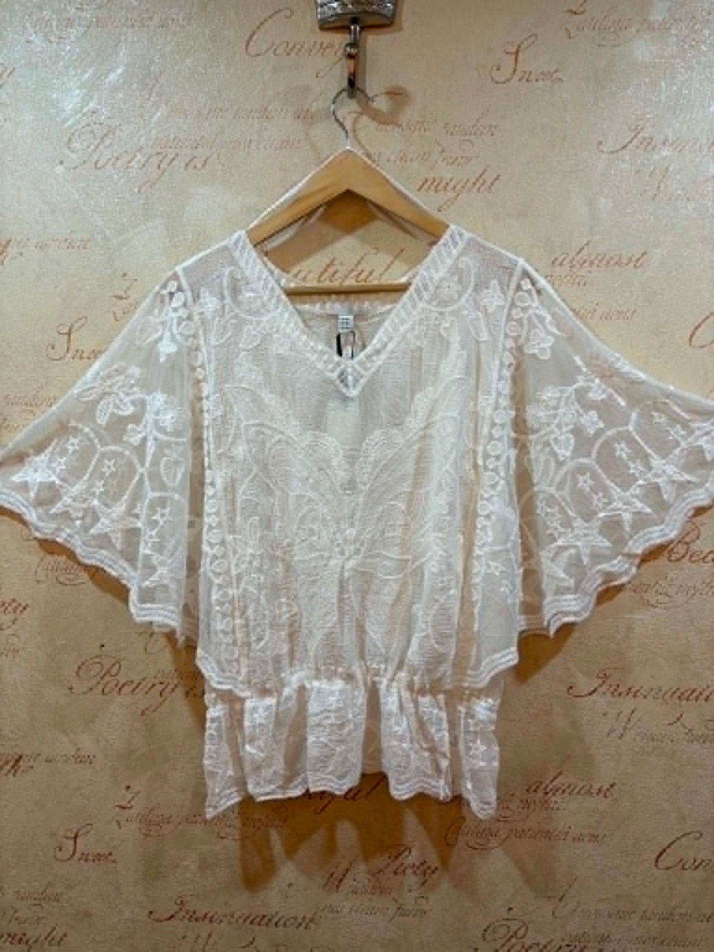 THE 'WOODSTOCK' SNOWY WHITE 70'S STYLE ANGEL SLEEVE EMBROIDERED SHEER SLEEVE TOP