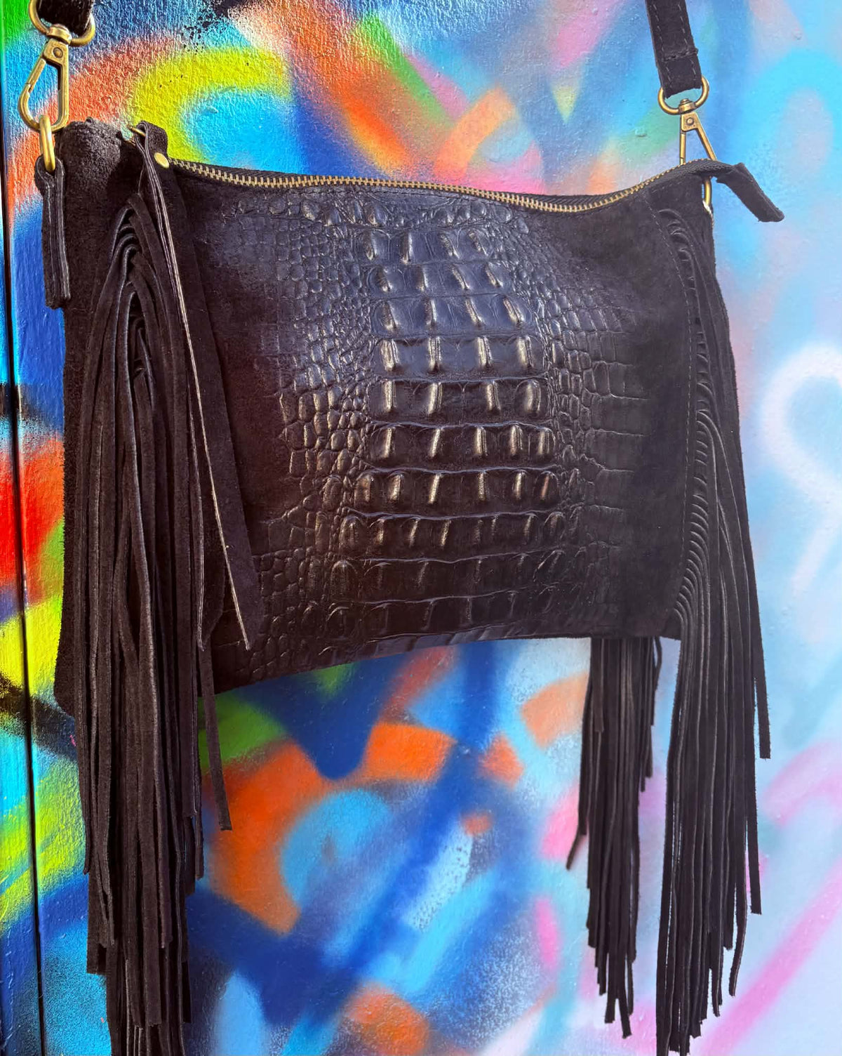 THE 'PHOENIX' EXQUISITE ITALIAN LEATHER CROC EFFECT FRINGED BAG WITH ADJUSTABLE SHOULDER STRAP