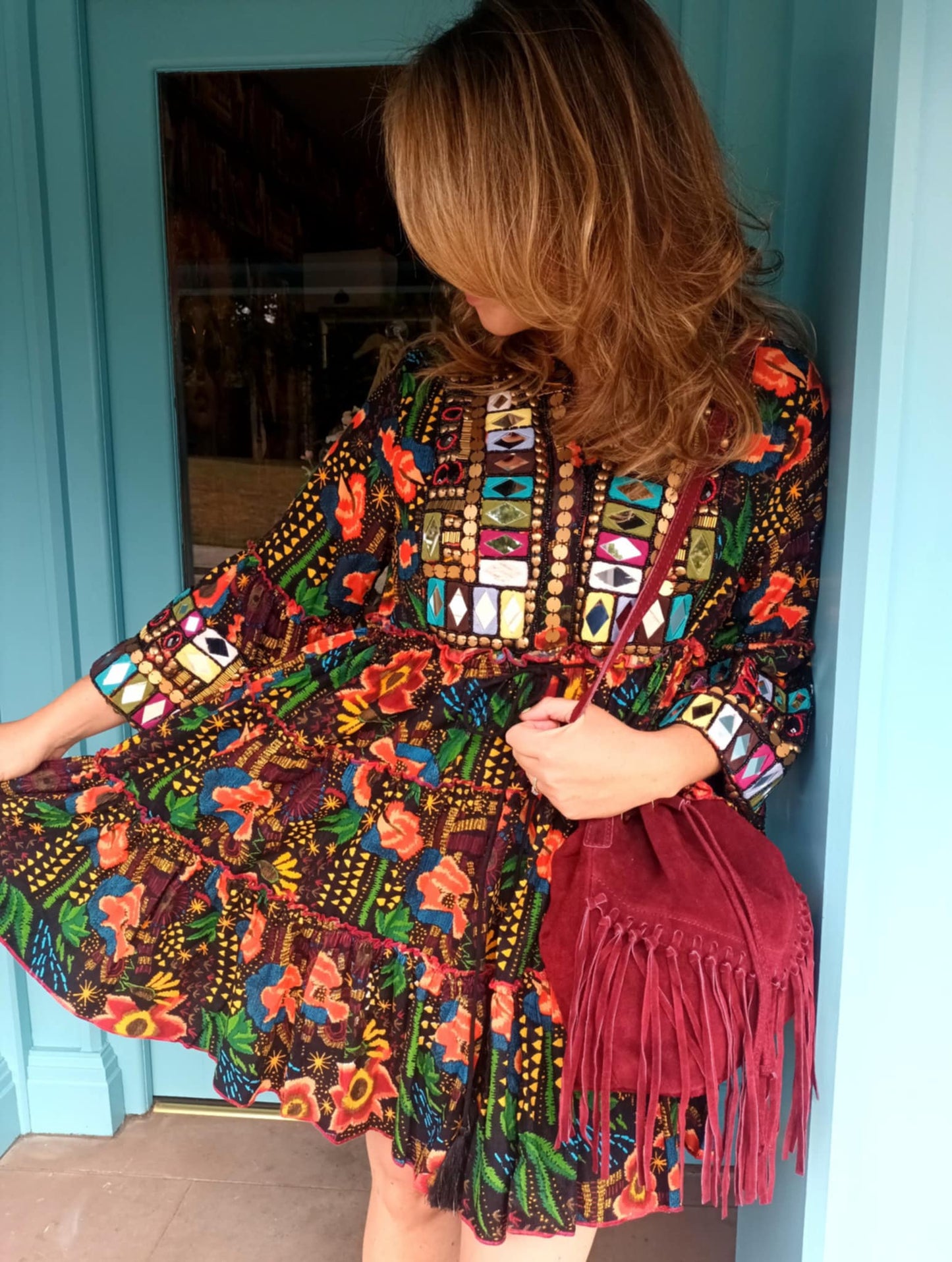 THE 'LYLA' EXQUISITE QUALITY RICHLY EMBELLISHED BELL SLEEVE NEEDLECORD DRESS FROM OUR EXCLUSIVE SPANISH RANGE