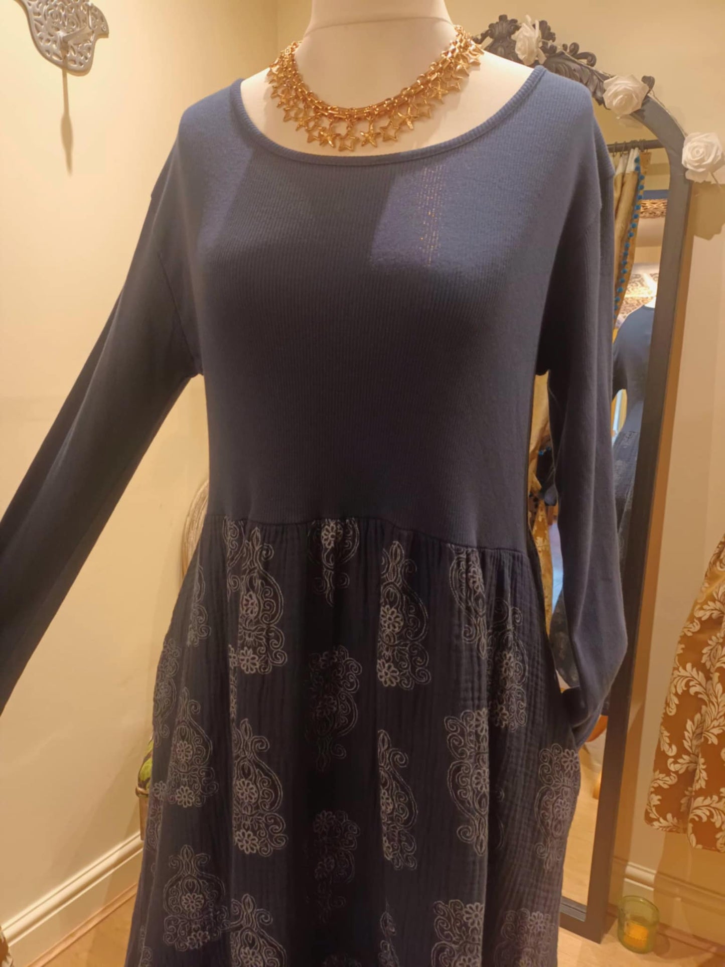 THE 'MANDALA' STUNNING SPIRITUAL PRINT COSY JERSEY DRESS WITH POCKETS WINE, KHAKI OR NAVY