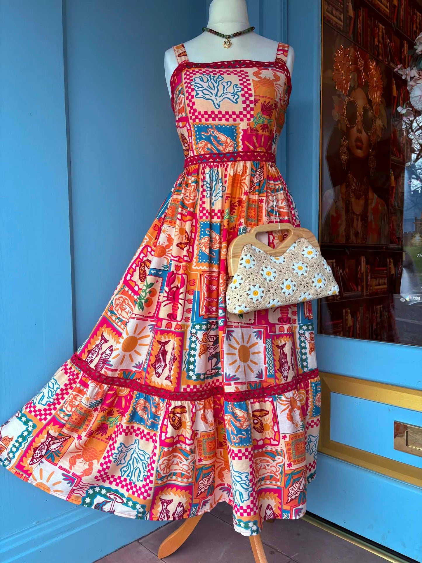 THE 'SORRENTO' VINTAGE 50'S STYLE QUIRKY PRINT DRESS WITH POCKETS AND CUTE RIK RAK TRIM