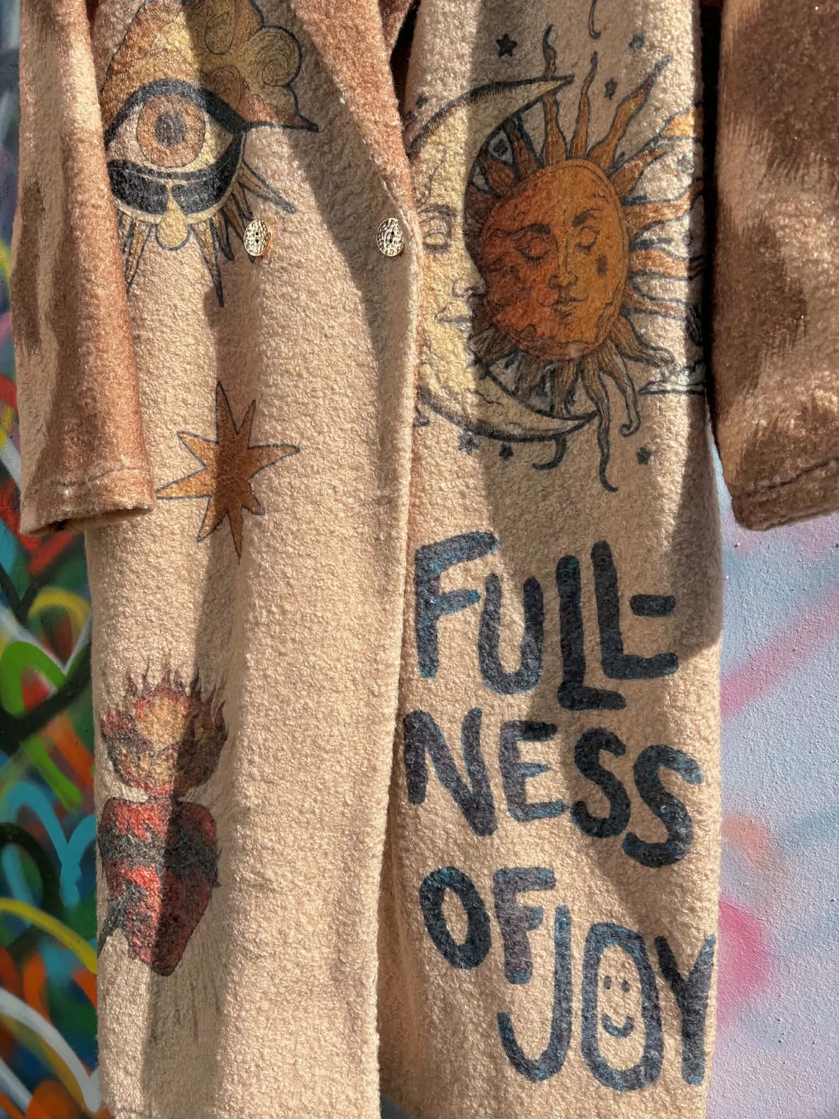 THE CELESTIAL VIBES STUNNING SUN, MOON AND MYSTIC PRINT BUTTON FRONT BORG COAT