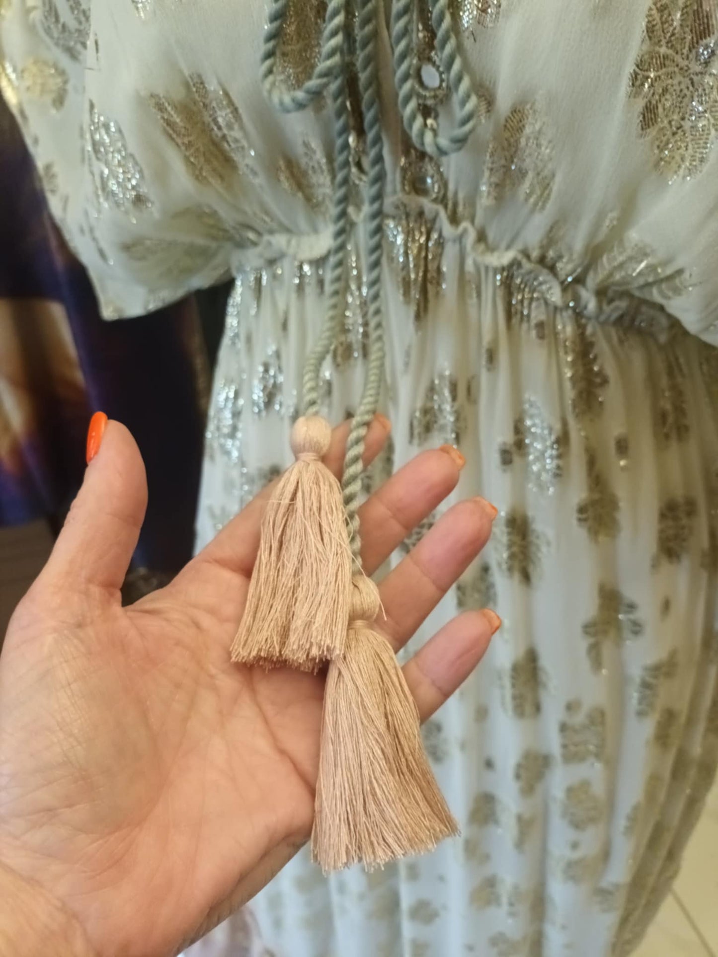 THE 'ANGELICA' STUNNING VANILLA & PINK GOLD EMBOSSED CHIFFON DRESS WITH GOLD BEADED DETAIL