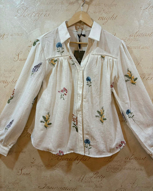 THE 'HERITAGE' BEAUTIFUL LINEN BLEND DELICATELY EMBROIDERED BLOUSE WITH LACE DETAIL