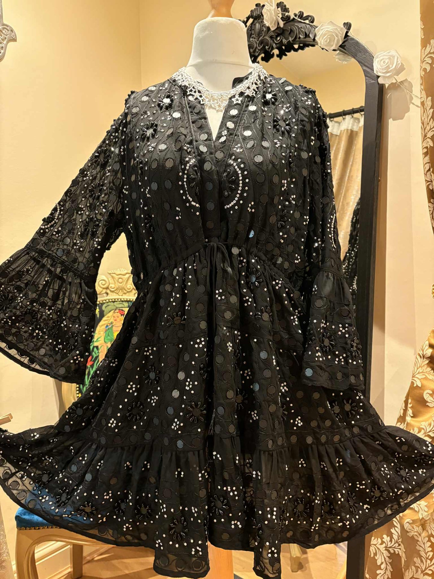 THE 'NURIA' STUNNING RICHLY BEADED, SEQUINNED AND EMBROIDERED TASSEL WAIST TUNIC DRESS