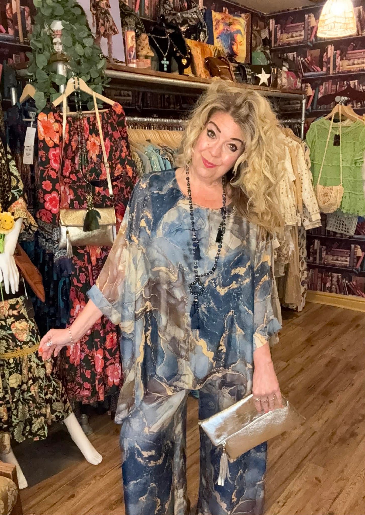 THE 'SIENNA' LUXURIOUS SILK BLEND MARBLE PRINT TWO PIECE FLOATY TROUSER SUIT PINK, KHAKI OR BLUE