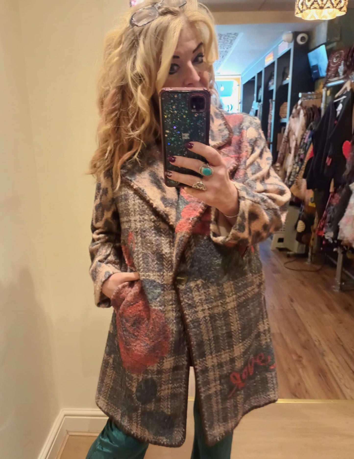 THE 'URBAN ROSES' STUNNING TARTAN AND LEOPARD STATEMENT BLANKET COAT WITH STRIKING BACK DETAIL