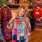 THE 'VIVIENNE' BRIGHT AND BEAUTIFUL ARTY HOTCHPOTCH PRINT ASYMMETRIC JACKET IN RAINBOW COLOURS