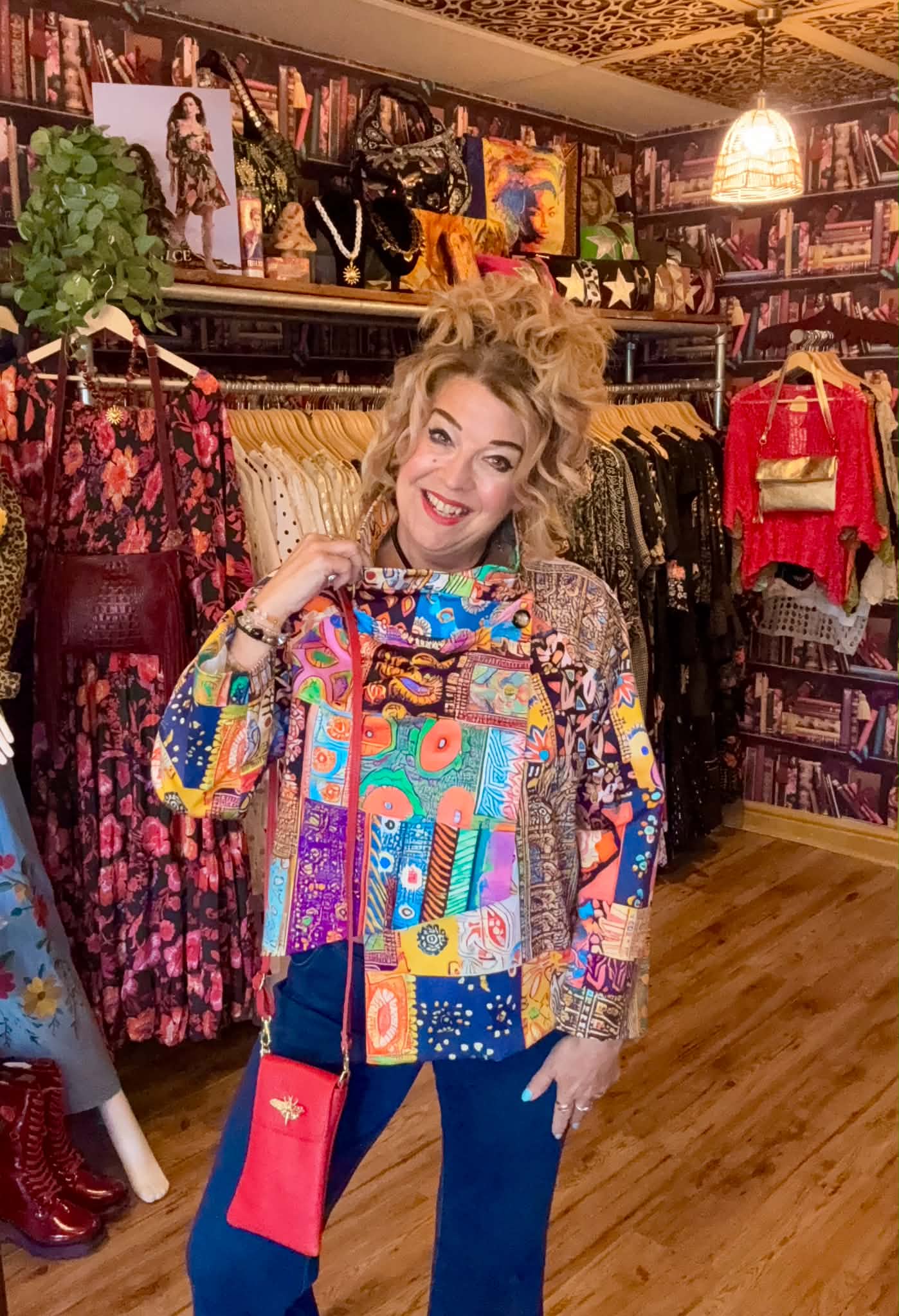 THE 'VIVIENNE' BRIGHT AND BEAUTIFUL ARTY HOTCHPOTCH PRINT ASYMMETRIC JACKET IN RAINBOW COLOURS