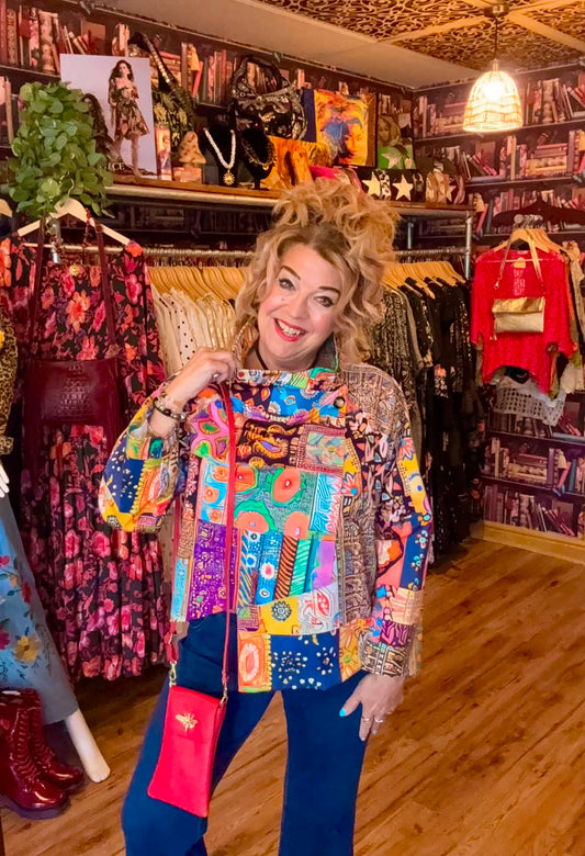 THE 'VIVIENNE' BRIGHT AND BEAUTIFUL ARTY HOTCHPOTCH PRINT ASYMMETRIC JACKET IN RAINBOW COLOURS