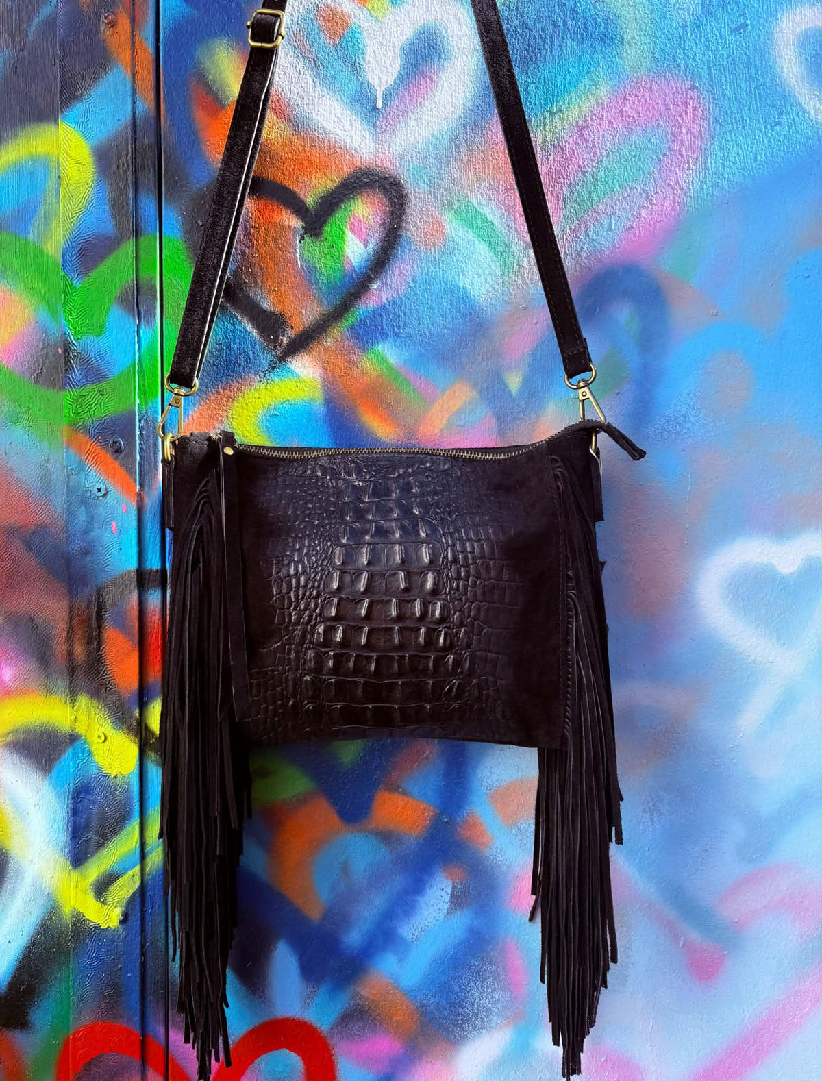 THE 'PHOENIX' EXQUISITE ITALIAN LEATHER CROC EFFECT FRINGED BAG WITH ADJUSTABLE SHOULDER STRAP