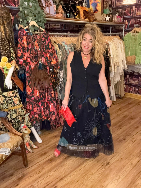 THE 'SOLSTICE' LAYERED ELASTICATED WAIST TULLE SKIRT WITH STUNNING CELESTIAL STYLE PRINTS