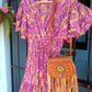 'ELEANOR' STUNNING PLISSE ANGEL SLEEVE MAGIC DRESS WITH SWISHY HEM AND TASSEL DETAIL MAGENTA PRINT