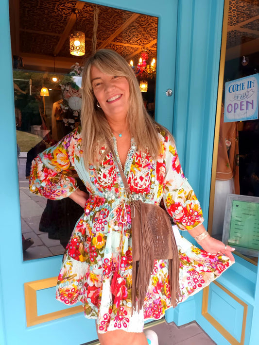 THE 'CATALINA' STUNNING VINTAGE FLORAL PRINT EMBELLISHED FLIPPY DRESS FROM OUR SPANISH COLLECTION CHOOSE YOUR COLOUR!