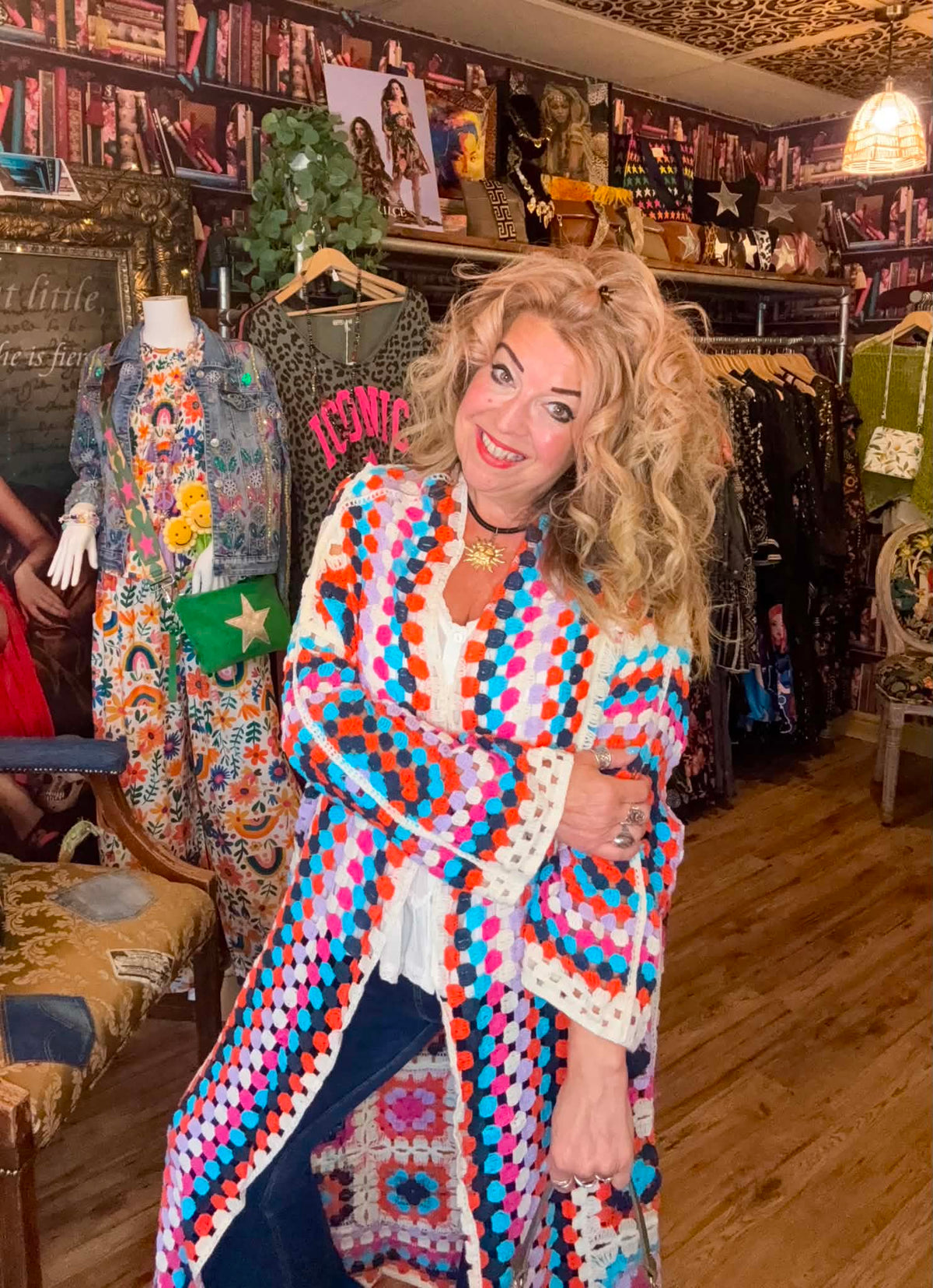 THE 'PATSY' CROCHET SQUARES 70'S STYLE MAXI CARDIGAN IN PRETTY RAINBOW COLOURS