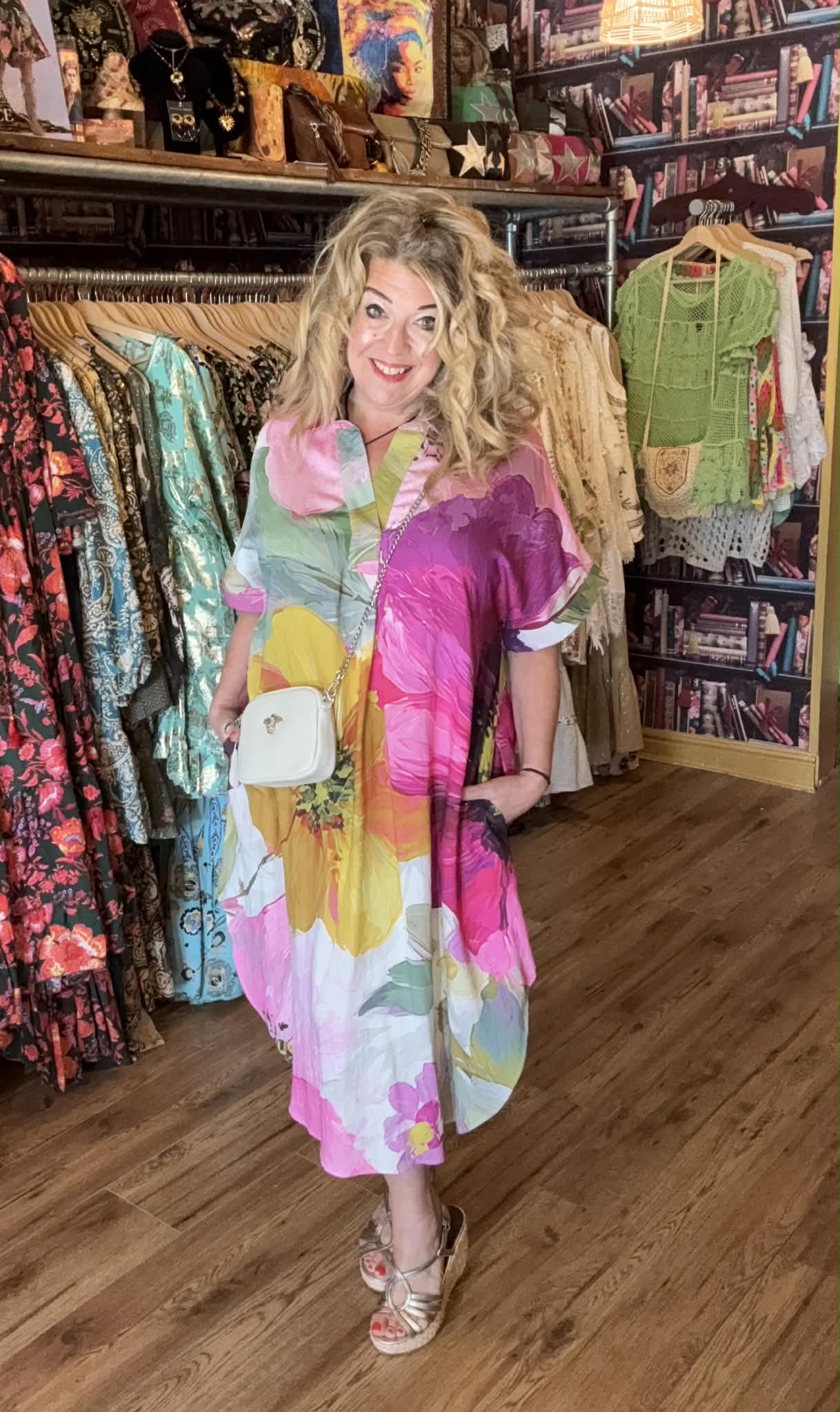 THE 'SUNNY DAZE' BEAUTIFUL BOLD FLORAL PRINT RAINBOW COLOURED RELAXED FIT DRESS