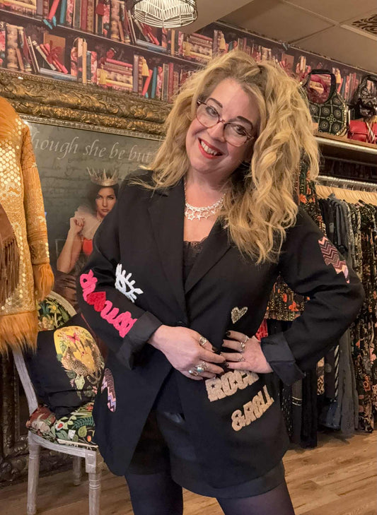 THE 'ROCK AND ROLL' CLASSIC BLACK EMBELLISHED BLAZER FEATURING BOLD ROCK STAR MOTIFS