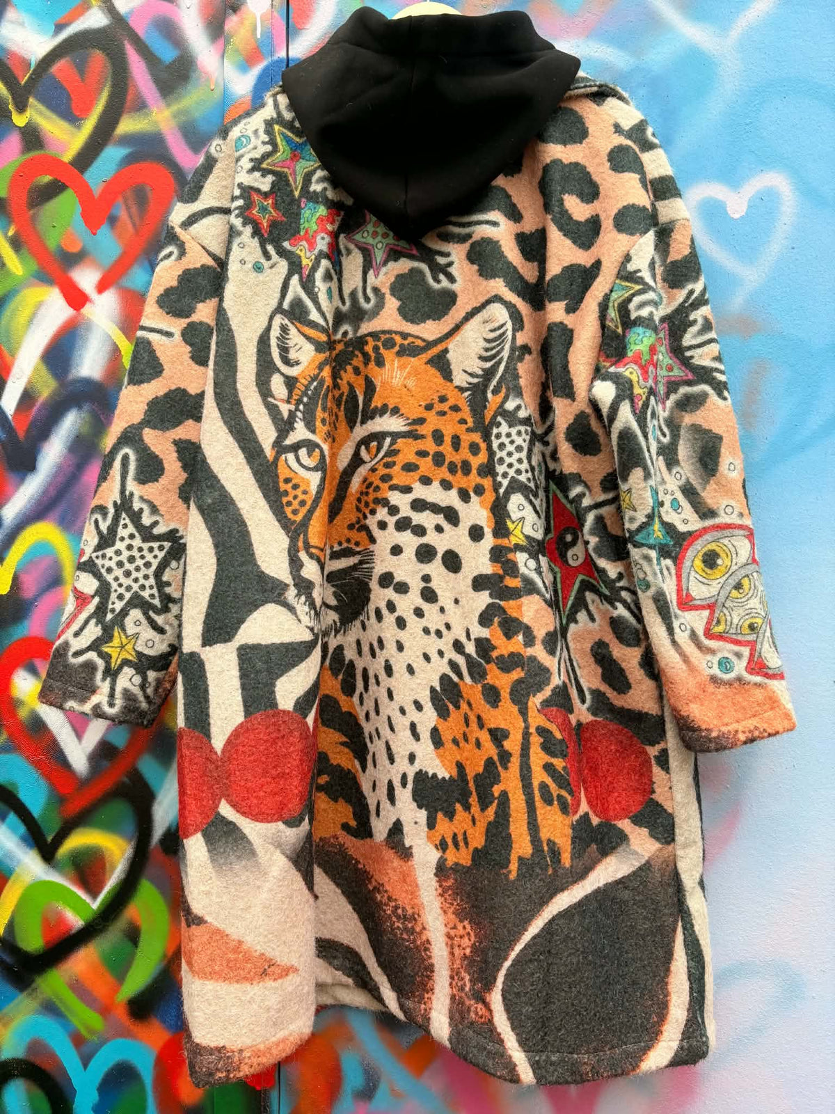 THE 'URBAN JUNGLE' FABULOUS GRAFFITI, TIGER AND MYSTIC PRINT COAT WITH HOODIE STYLE DETAIL