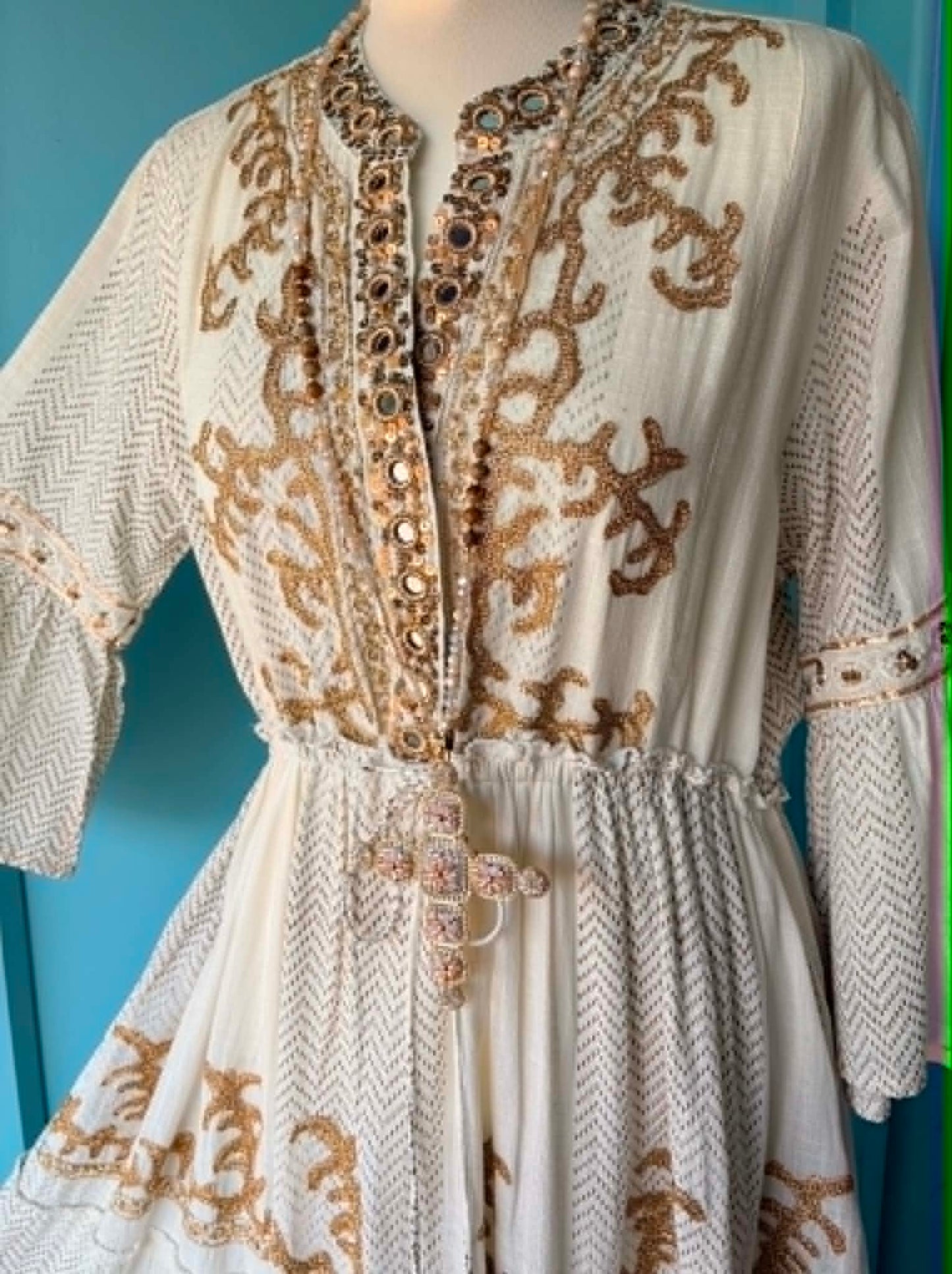 THE 'PALOMA' 100% COTTON STUNNING RICHLY EMBELLISHED IVORY BELL SLEEVE BOHEMIAN DRESS FROM OUR EXCLUSIVE SPANISH COLLECTION