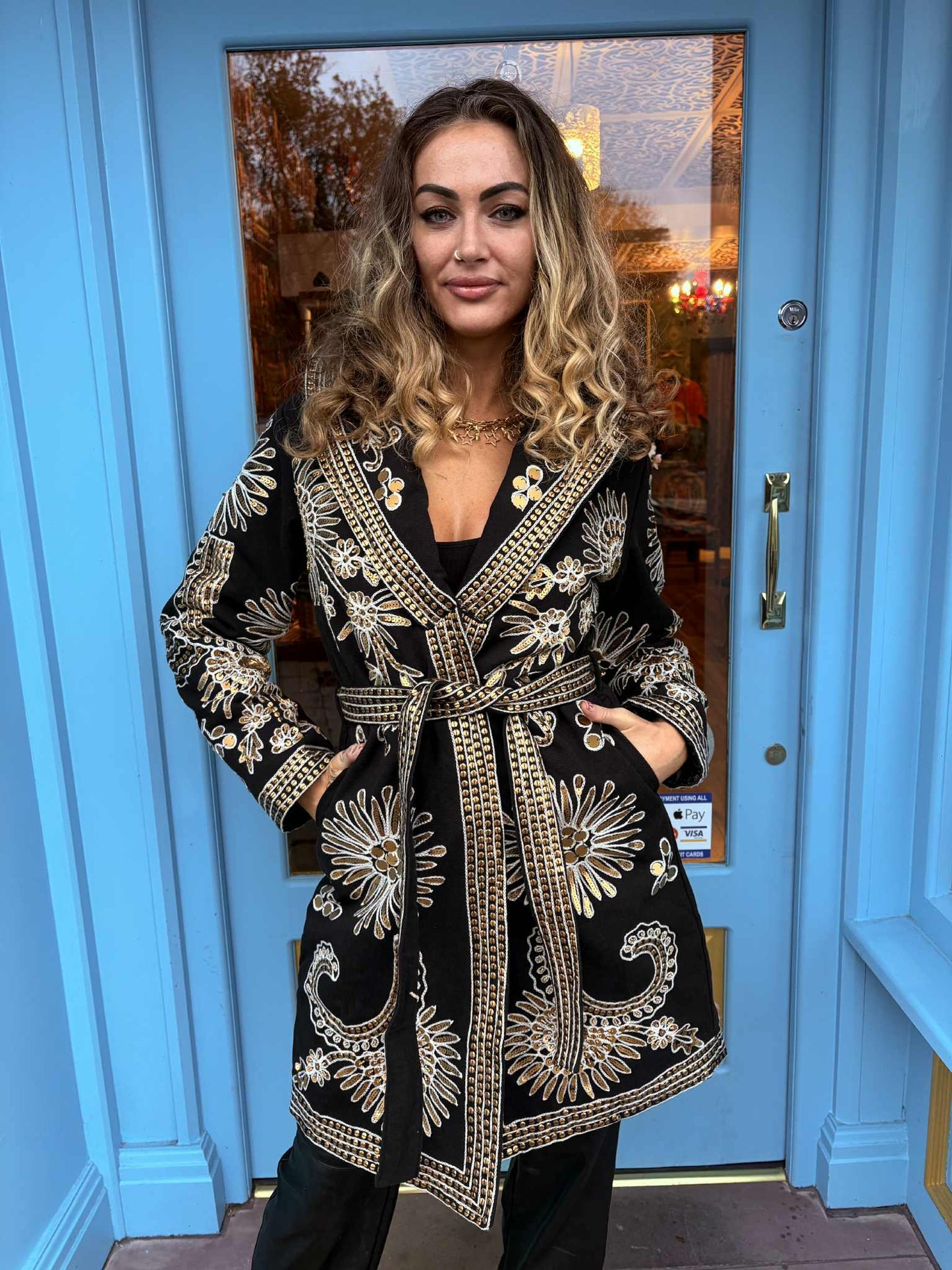 THE 'YARA' STUNNING EMBROIDERED AND SEQUINNED SHAWL COLLAR COAT WITH COSY QUILTED LINING. EXCLUSIVE FROM SPAIN