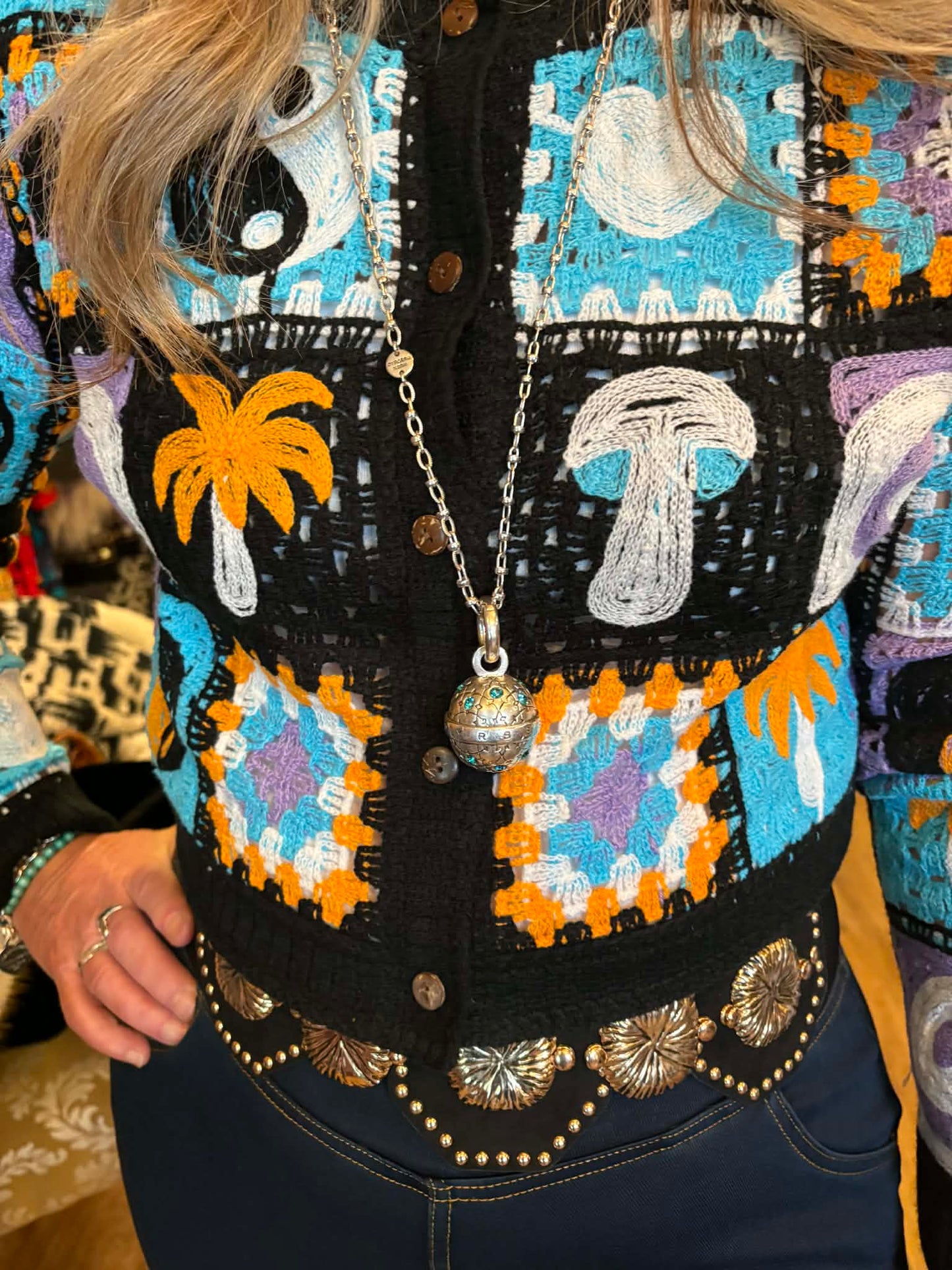 THE 'MYSTIC VIBES' BRIGHT & QUIRKY CROCHET CARDIGAN YING & YANG, HEARTS & MUSHROOMS