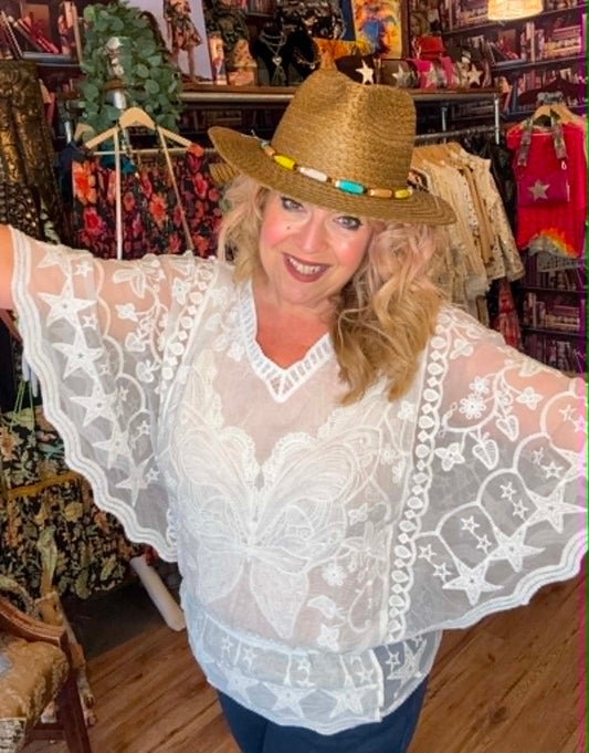 THE 'WOODSTOCK' SNOWY WHITE 70'S STYLE ANGEL SLEEVE EMBROIDERED SHEER SLEEVE TOP