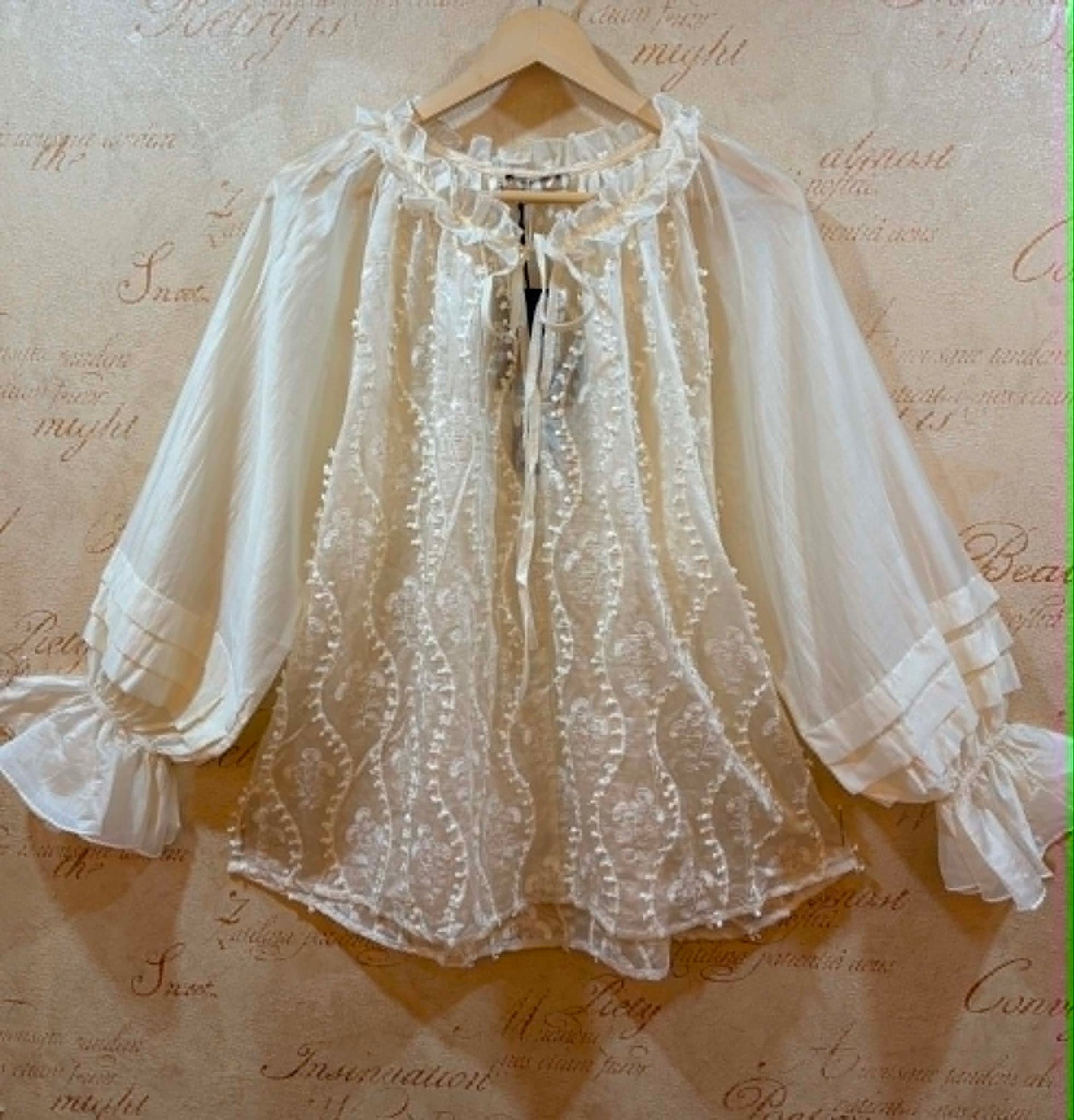 THE 'VICTORIANA' BEAUTIFUL BOHEMIAN VINTAGE STYLE EMBELLISHED FRILL CUFFED BLOUSE IN ANTIQUE CREAM