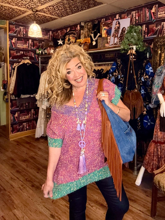 THE 'COSIMA' VINTAGE STYLE RAINBOW COLOURED BOUCLE KNIT LONG LENGTH TANK TOP