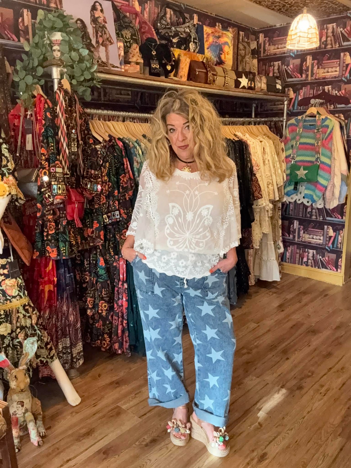 THE 'LUCKY STAR' RELAXED FIT FUNKY FADED STAR PRINT DRAWSTRING WAIST RELAXED FIT JEANS
