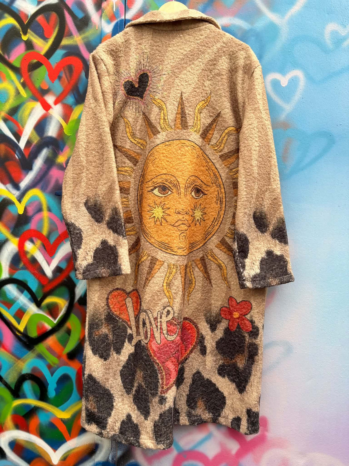 THE 'CELESTIAL LOVE' COSY OVERSIZED BUTTON FRONT BLANKET COAT WITH HEARTS, SUNS AND MYSTIC EYES