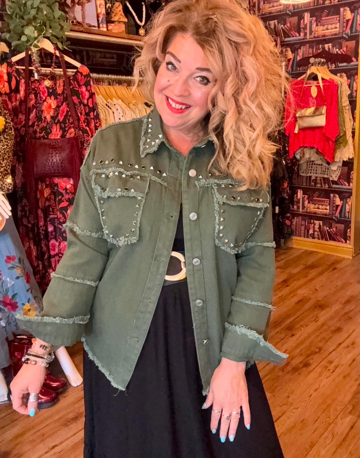 THE 'ARMY DREAMERS' FABULOUS ROCK CHICK STYLE RICHLY STUDDED JACKET IN ARMY GREEN