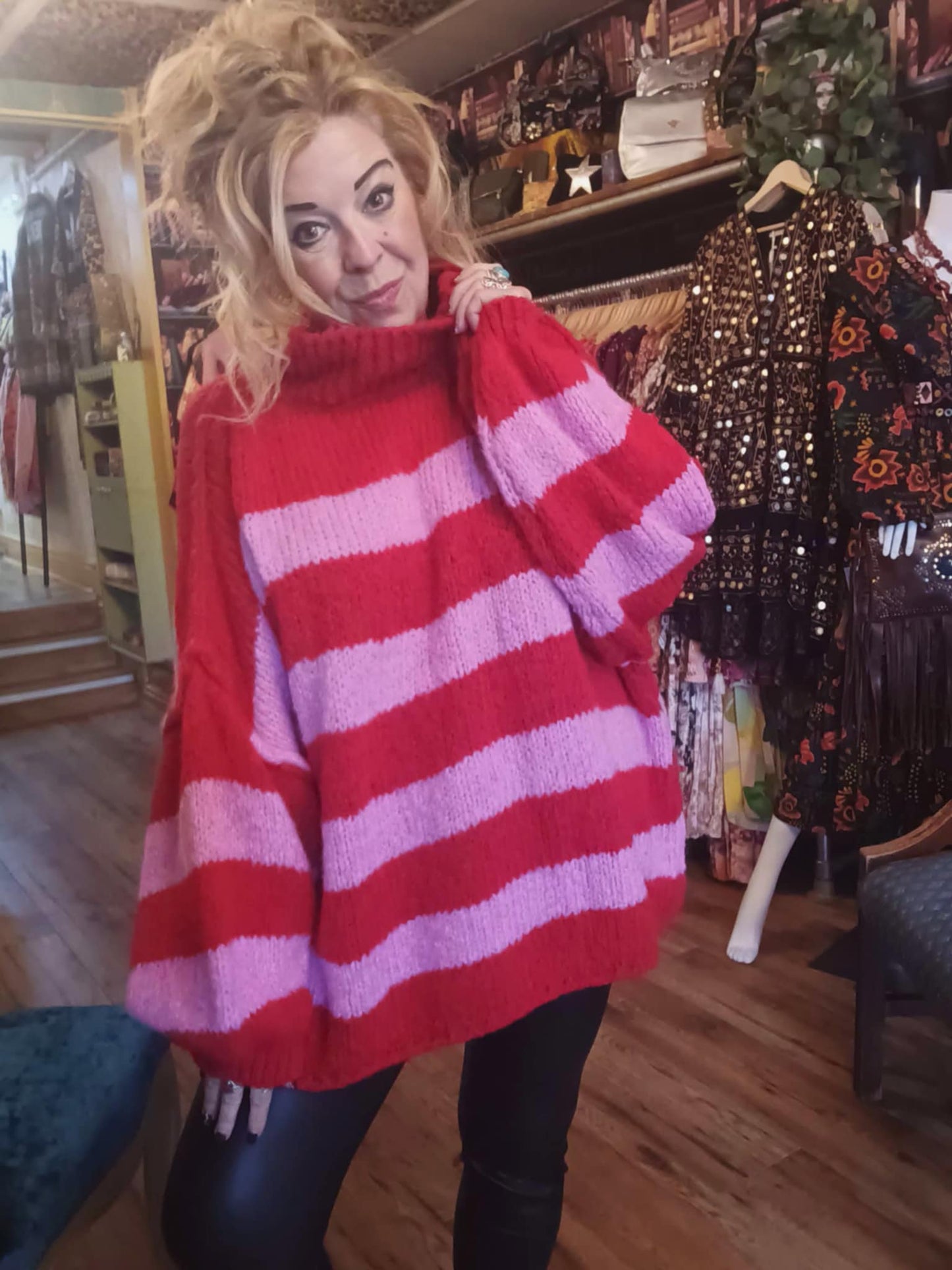 THE 'COBAIN' COSY OVERSIZED STRIPED FUNNEL NECK SNUGGLE JUMPER PINK OR BLACK