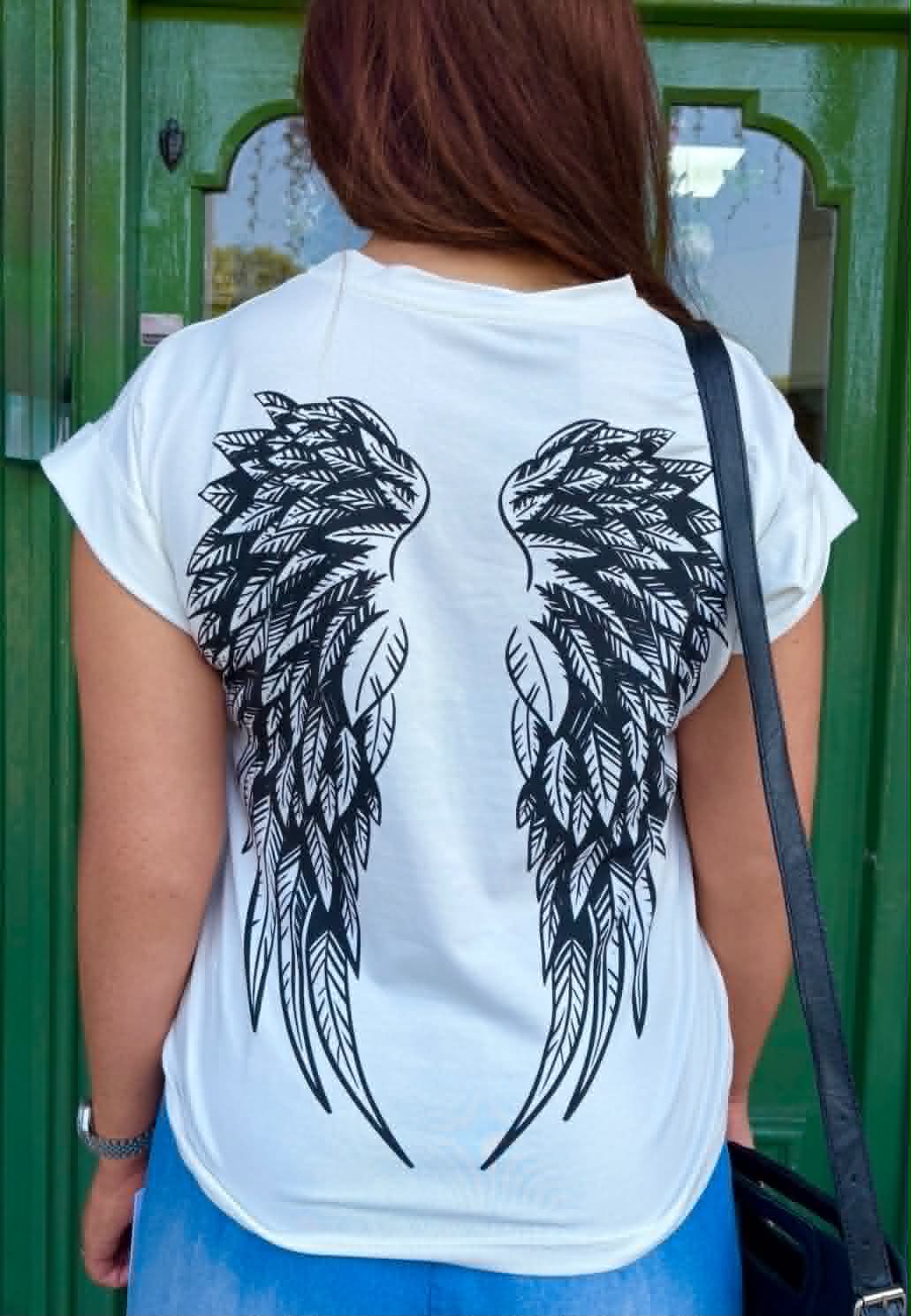 THE 'FALLEN ANGEL' ROCK CHICK STYLE T SHIRT WITH ANGEL WING DETAIL TO THE BACK
