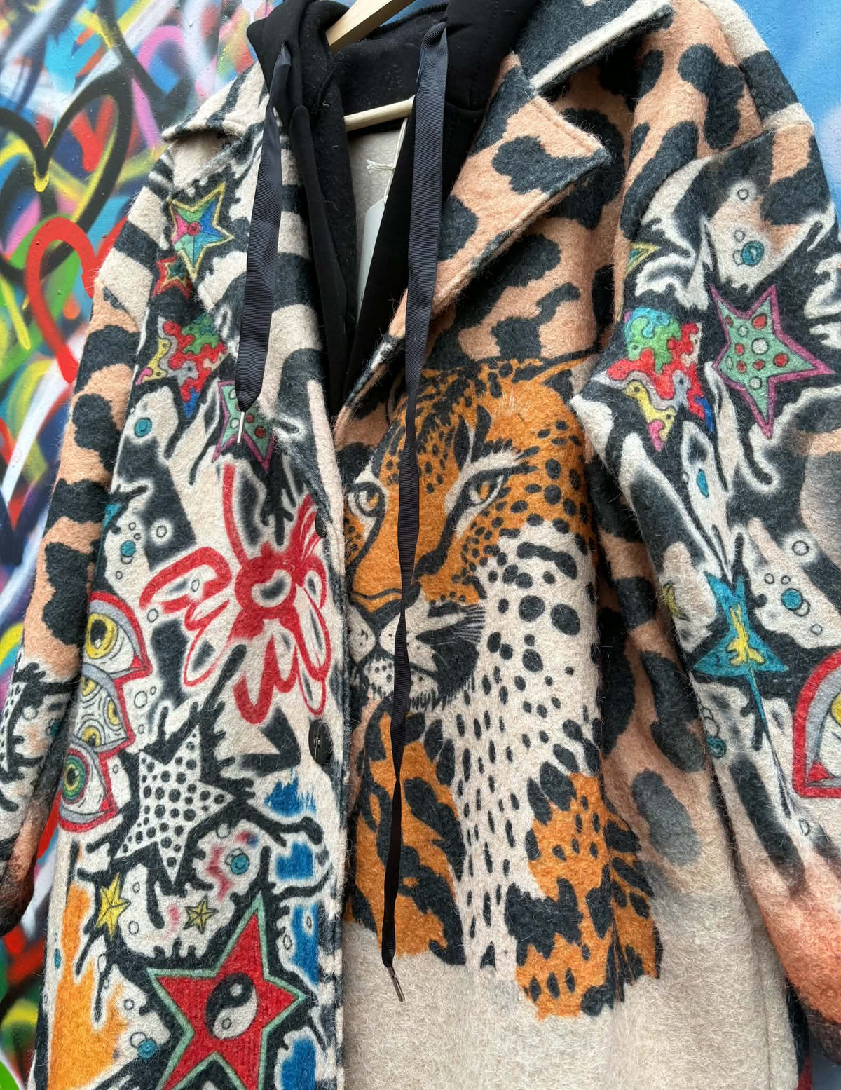 THE 'URBAN JUNGLE' FABULOUS GRAFFITI, TIGER AND MYSTIC PRINT COAT WITH HOODIE STYLE DETAIL
