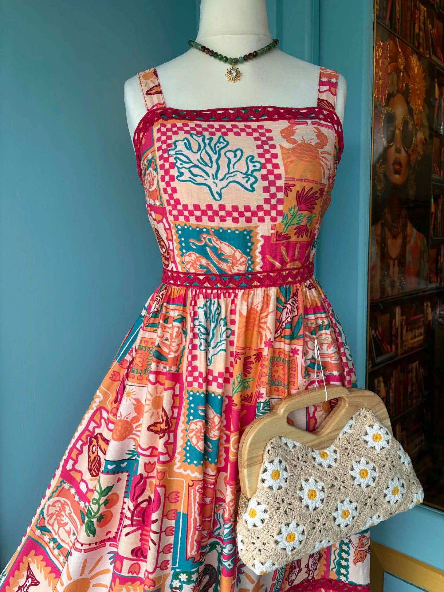 THE 'SORRENTO' VINTAGE 50'S STYLE QUIRKY PRINT DRESS WITH POCKETS AND CUTE RIK RAK TRIM