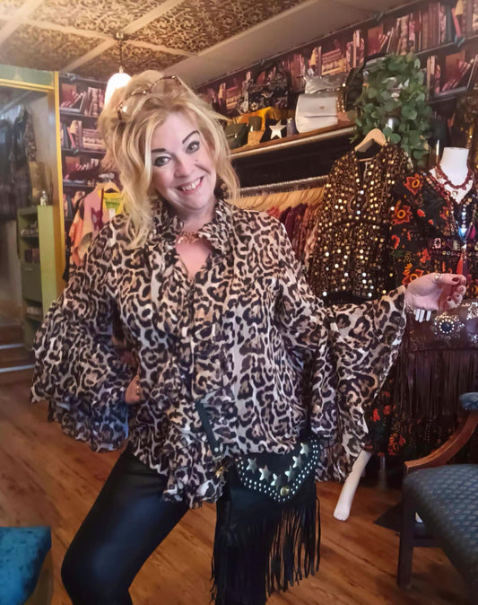 THE 'LABELLE' FABULOUSLY FLOUNCY ROCK CHICK STYLE LEOPARD WATERFALL FRILL BLOUSE