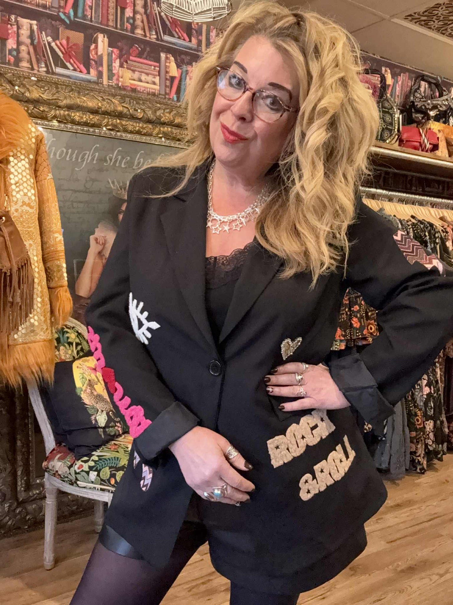 THE 'ROCK AND ROLL' CLASSIC BLACK EMBELLISHED BLAZER FEATURING BOLD ROCK STAR MOTIFS