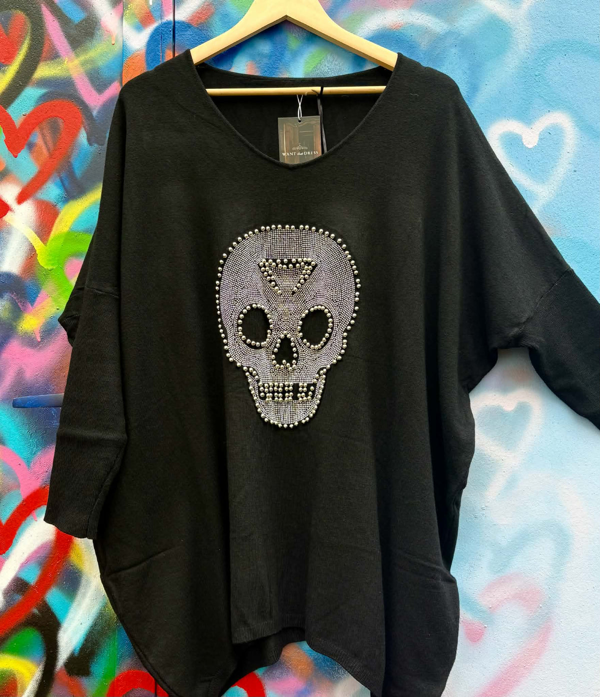 THE 'GOTHIKA' FABULOUS STUDDED & DIAMANTE SKULL DETAIL EXQUISITE FINE KNIT BATWING JUMPER