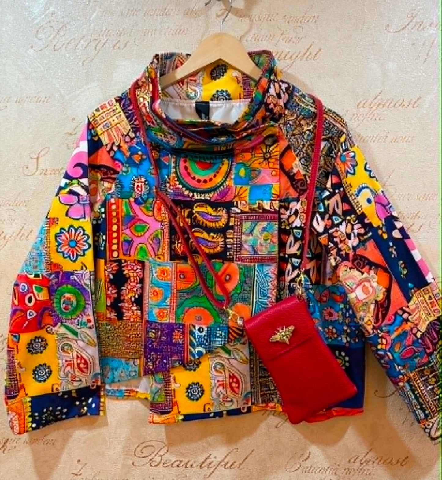THE 'VIVIENNE' BRIGHT AND BEAUTIFUL ARTY HOTCHPOTCH PRINT ASYMMETRIC JACKET IN RAINBOW COLOURS