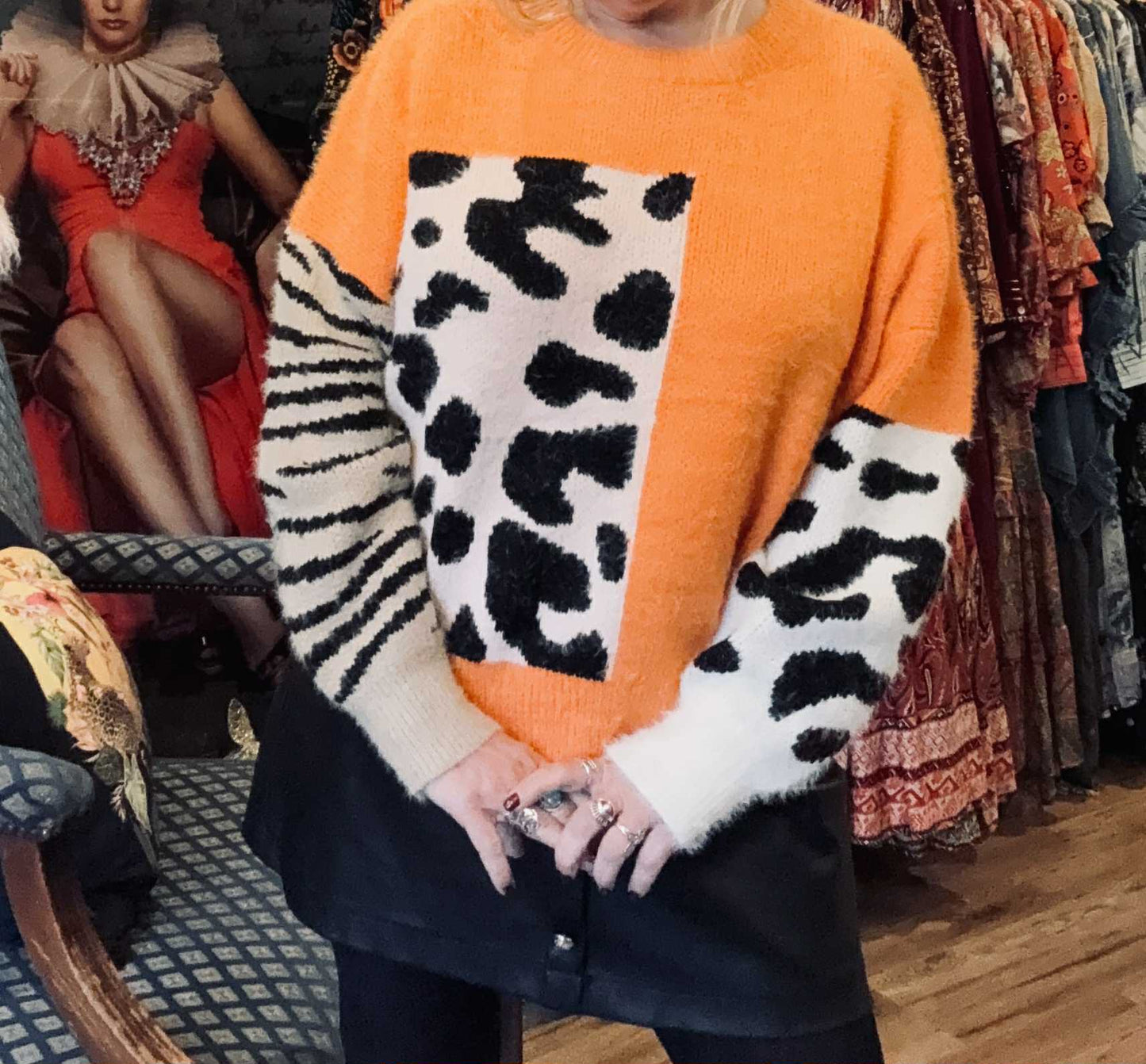 THE 'HOTCHPOTCH LEOPARD' COSY FEEL FLUFFY KNIT IN PINK OR ORANGE