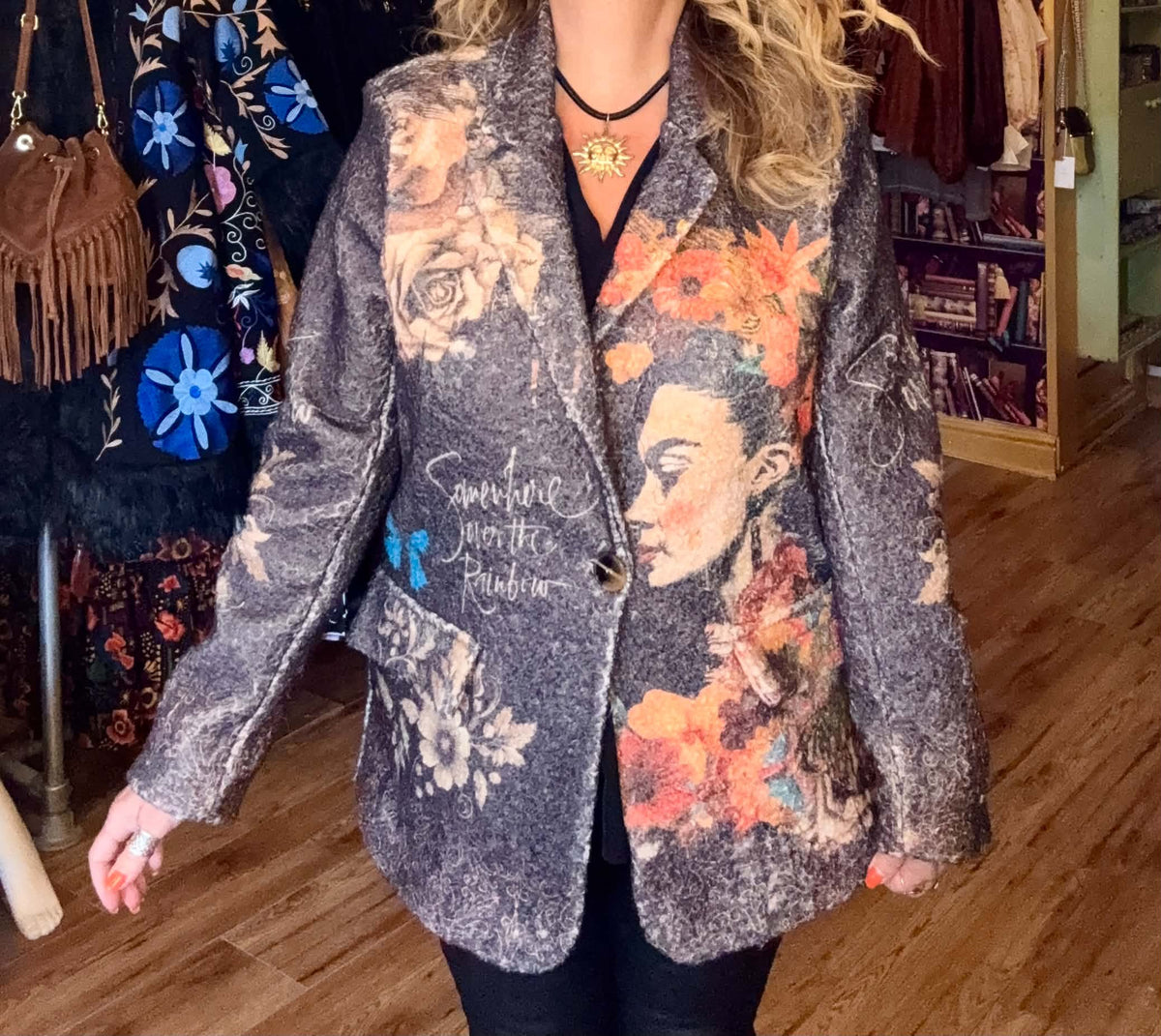 THE 'FRIDA'S RAINBOW' STUNNING STATEMENT BLAZER FEATURING FRIDA, BUTTERFLIES AND CELESTIAL SUNS