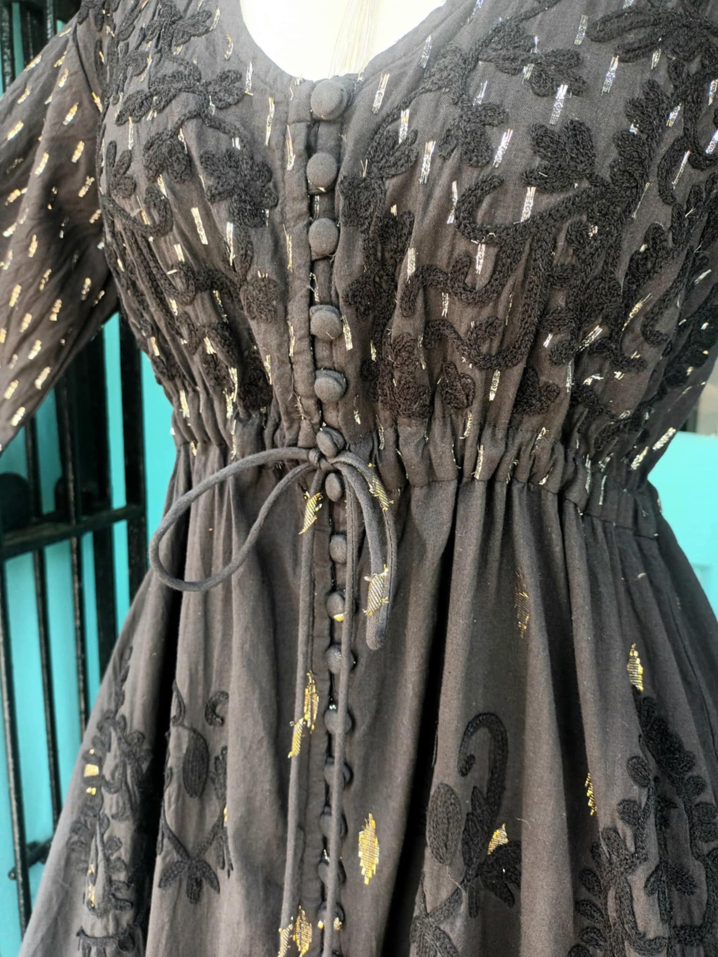 THE 'SEVILLE SUNSET' BEAUTIFUL RICH EMBROIDERED BLACK COTTON DRESS WITH GOLD AND SILVER DETAIL